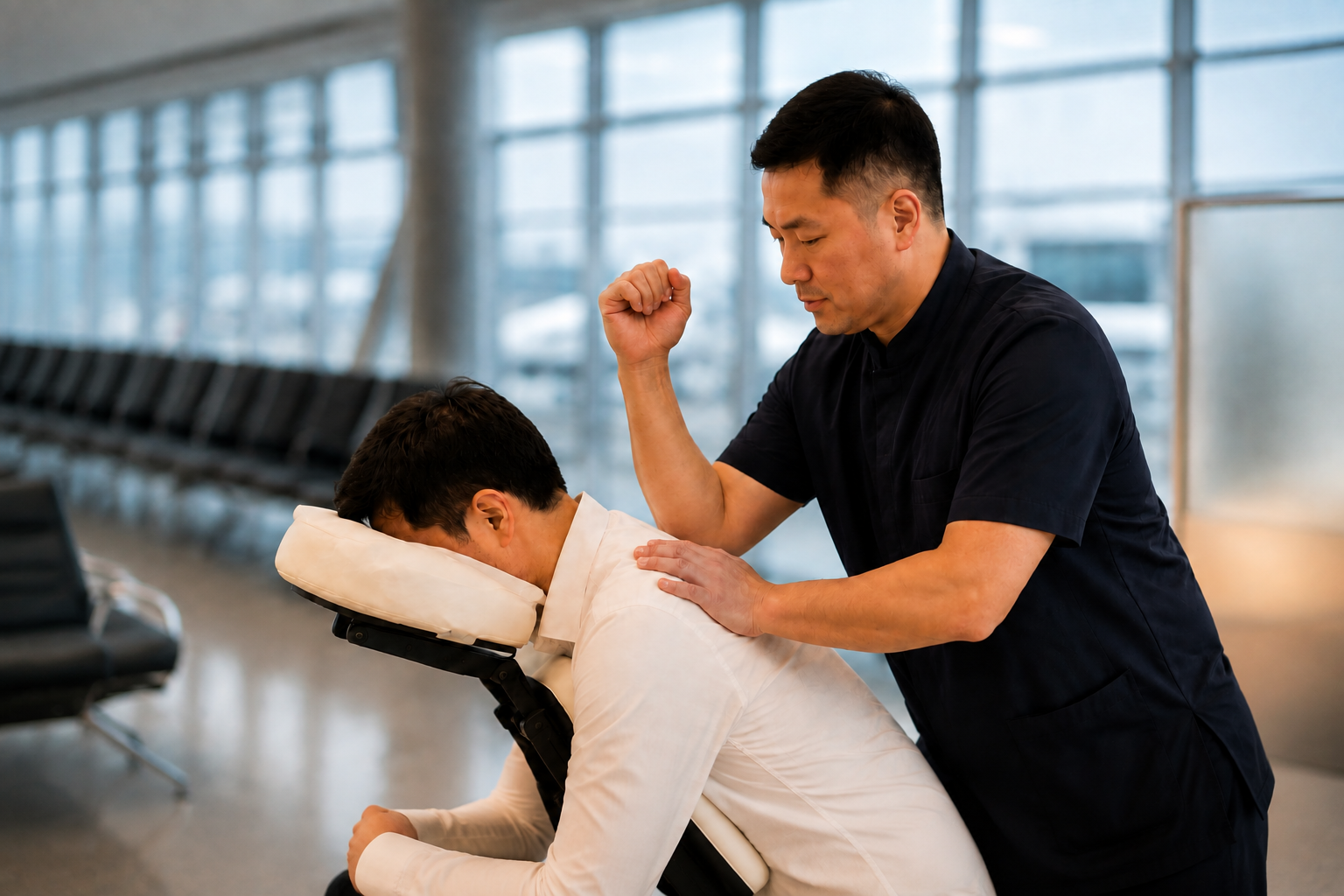 服务场景示意：中国技师为前倾坐式旅客提供背部按摩，黑白座椅和机场背景清晰可辨